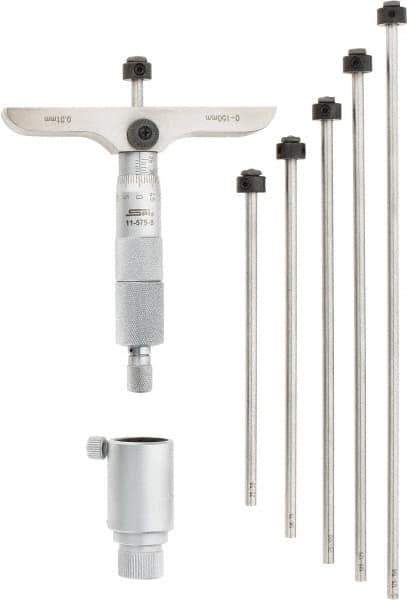 SPI - 0 to 150mm Range, 6 Rod, Mechanical Depth Micrometer - Ratchet Stop Thimble, 100mm Base Length, 0.01mm Graduation, 4.5mm Rod Diam - Industrial Tool & Supply