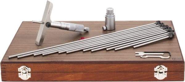 SPI - 0 to 300mm Range, 12 Rod, Mechanical Depth Micrometer - Ratchet Stop Thimble, 100mm Base Length, 0.01mm Graduation, 4.5mm Rod Diam - Industrial Tool & Supply