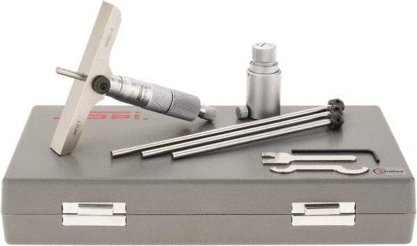 SPI - 0 to 100mm Range, 4 Rod, Mechanical Depth Micrometer - Ratchet Stop Thimble, 100mm Base Length, 0.01mm Graduation, 4.5mm Rod Diam - Industrial Tool & Supply