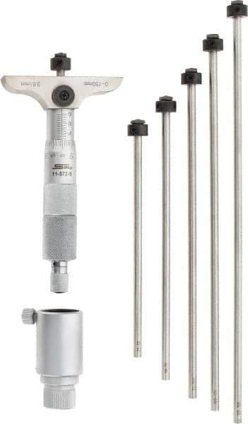 SPI - 0 to 150mm Range, 6 Rod, Mechanical Depth Micrometer - Ratchet Stop Thimble, 63mm Base Length, 0.01mm Graduation, 4.5mm Rod Diam - Industrial Tool & Supply