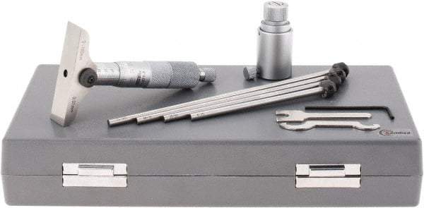 SPI - 0 to 100mm Range, 4 Rod, Mechanical Depth Micrometer - Ratchet Stop Thimble, 63mm Base Length, 0.01mm Graduation, 4.5mm Rod Diam - Industrial Tool & Supply