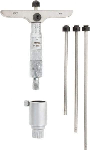 SPI - 0 to 4" Range, 4 Rod, Mechanical Depth Micrometer - Ratchet Stop Thimble, 4" Base Length, 0.001" Graduation, 4.5mm Rod Diam - Industrial Tool & Supply