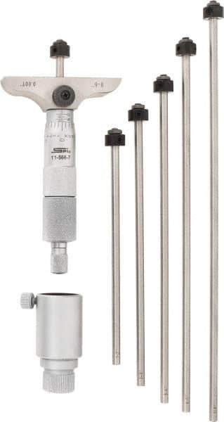 SPI - 0 to 6" Range, 6 Rod, Mechanical Depth Micrometer - Ratchet Stop Thimble, 2-1/2" Base Length, 0.001" Graduation, 4.5mm Rod Diam - Industrial Tool & Supply