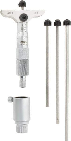 SPI - 0 to 4" Range, 4 Rod, Mechanical Depth Micrometer - Ratchet Stop Thimble, 2-1/2" Base Length, 0.001" Graduation, 4.5mm Rod Diam - Industrial Tool & Supply