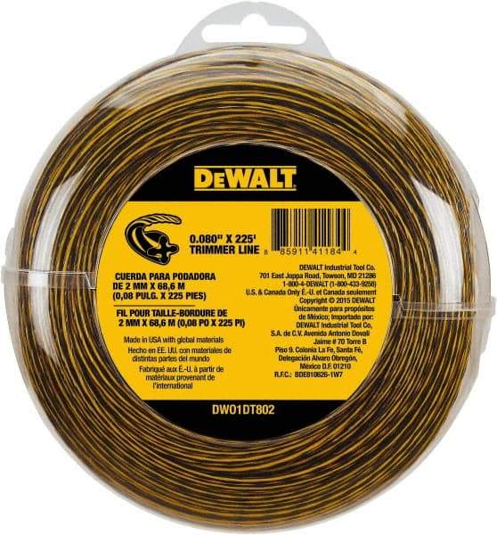 DeWALT - 0.08" Diam, 225' Long String Trimmer Replacment Line - For DCST920B, DCST920P1, DCST970X1, DCST990B, DCST990H1, DCST990M1 - Industrial Tool & Supply