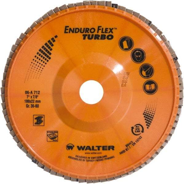WALTER Surface Technologies - 36 & 60 Grit, 7" Disc Diam, 7/8" Center Hole, Type 27 Ceramic Flap Disc - 8,600 Max RPM, Plastic Backing, Arbor Attaching System, Coated - Industrial Tool & Supply