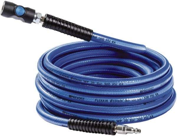 Prevost - 3/8" ID 50' Long Multipurpose Air Hose - Industrial Interchange Safety Coupler x Male Plug Ends, 300 Working psi, 5 to 140°F, 1/4" Fitting, Blue - Industrial Tool & Supply