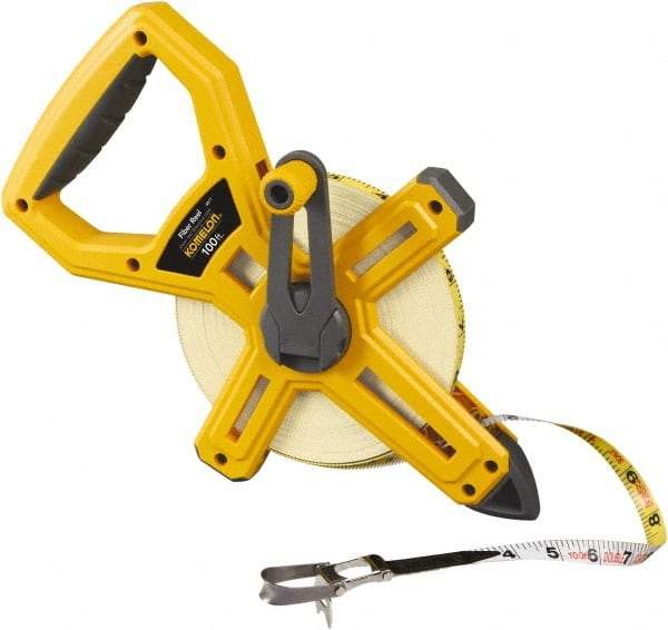 Komelon - 100' x 1/2" Yellow Fiberglass Blade Tape Measure - 1/8" Graduation, Yellow ABS Plastic Case - Industrial Tool & Supply