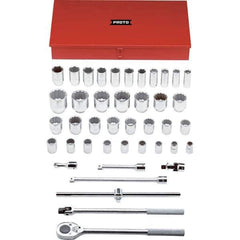 Proto - 42 Piece 3/4" Drive Chrome Finish Deep Well Socket Set - 6, 12 Points, 7/8" to 2-3/8" Range, Inch Measurement Standard - Industrial Tool & Supply