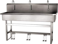 SANI-LAV - 57" Long x 16-1/2" Wide Inside, 1 Compartment, Grade 304 Stainless Steel (4) Person Wash-Station with Double Foot Valves - 16 Gauge, 60" Long x 20" Wide x 45" High Outside, 8" Deep - Industrial Tool & Supply