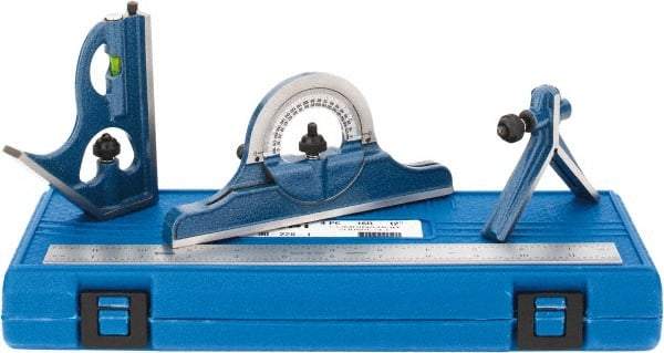 SPI - 4 Piece, 12" Combination Square Set - 1/100, 1/32, 1/50 & 1/64" (16R) Graduation, Hardened Steel Blade, Cast Iron Center, Protractor & Square Head - Industrial Tool & Supply