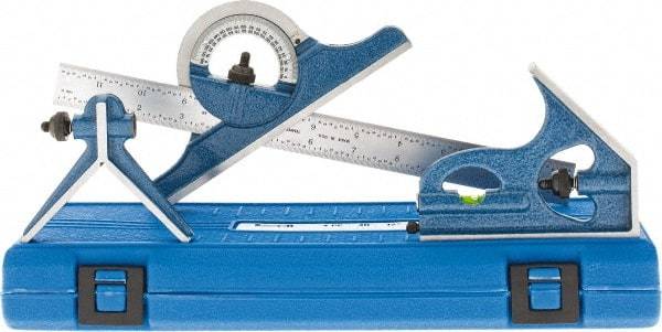 SPI - 4 Piece, 12" Combination Square Set - 1/16, 1/32, 1/64 & 1/8" (4R) Graduation, Hardened Steel Blade, Cast Iron Center, Protractor & Square Head - Industrial Tool & Supply