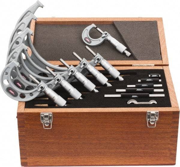 SPI - 0 to 150mm Range, 6 Piece Mechanical Outside Micrometer Set - 0.01mm Graduation, 0.004, 0.005, 0.006mm Accuracy, Ratchet Stop Thimble - Industrial Tool & Supply