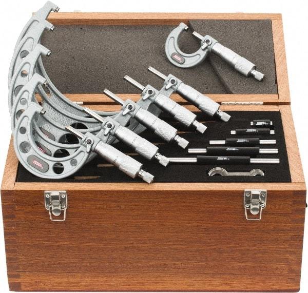 SPI - 0 to 6" Range, 6 Piece Mechanical Outside Micrometer Set - 0.0001" Graduation, 0.0001, 0.0002" Accuracy, Ratchet Stop Thimble - Industrial Tool & Supply
