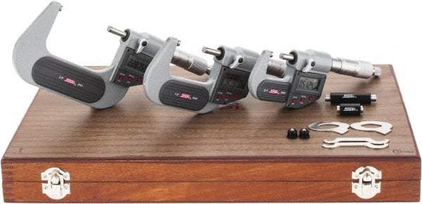 SPI - 0 to 3" Range, 0.001mm Resolution, IP65, 3 Piece Electronic Outside Micrometer Sets - 0.002mm Accuracy, Ratchet Stop Thimble, Carbide Tipped Measuring Face - Industrial Tool & Supply