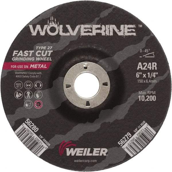 Weiler - 24 Grit, 6" Wheel Diam, 1/4" Wheel Thickness, 7/8" Arbor Hole, Type 27 Depressed Center Wheel - Coarse Grade, Aluminum Oxide, Resinoid Bond, R Hardness, 10,200 Max RPM - Industrial Tool & Supply