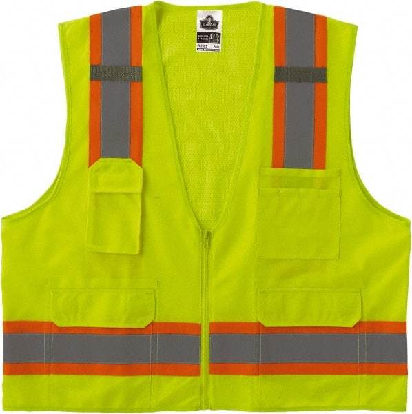 Ergodyne - Size 2X/3XL High Visibility Lime Mesh/Solid Surveyor's Vest - 52 to 58" Chest, ANSI/ISEA 107, Zipper Closure, 6 Pockets, Polyester - Industrial Tool & Supply