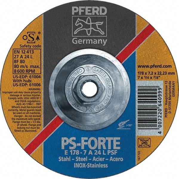 PFERD - 46 Grit, 7" Wheel Diam, 1/4" Wheel Thickness, Type 27 Depressed Center Wheel - Aluminum Oxide - Industrial Tool & Supply