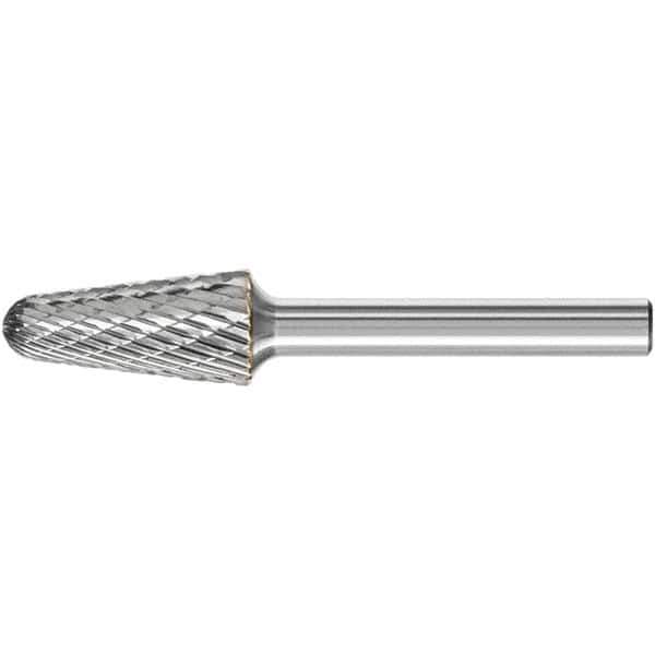 PFERD - 1/2" Cut Diam, 1/4" Shank Diam, Taper Head Double Cut Burr - Carbide, Radius End, 1-1/8" LOC, 3.16" OAL - Industrial Tool & Supply