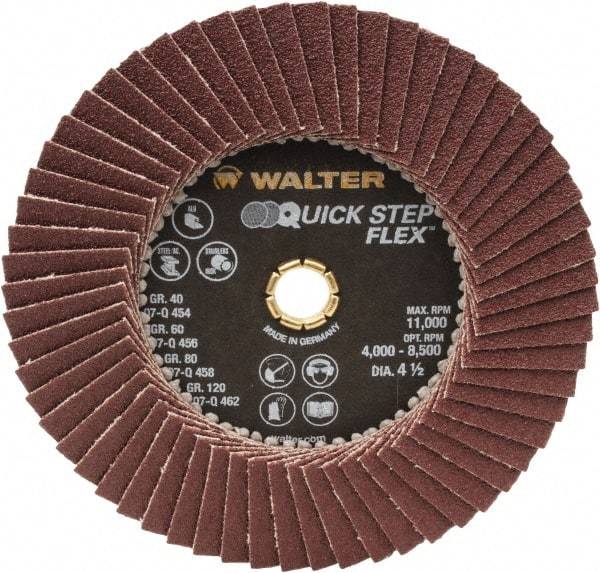 WALTER Surface Technologies - 80 Grit, 4-1/2" Disc Diam, Type 29 Aluminum Oxide Flap Disc - 11,000 Max RPM, Fiber Backing, Arbor Attaching System, Coated - Industrial Tool & Supply