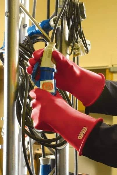 Ansell - Class 2, Size 12, 14" Long, Rubber Lineman's Glove - 20,000 AC Max Use Voltage, 17,000 AC Test Voltage, Red - Industrial Tool & Supply