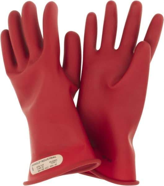 Ansell - Class 00, Size 9, 11" Long, Rubber Lineman's Glove - 2,500 AC Max Use Voltage, 500 AC Test Voltage, Red, ASTM D120 - Industrial Tool & Supply