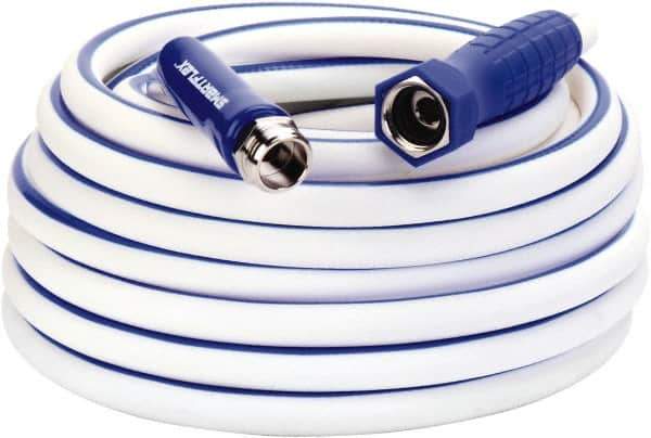 Legacy - 50' Long Marine/RV Hose - 1/2" Diam, 3/4" GHT, Hi-Tec Polymer, 150 psi, All Season, White with Blue Stripe - Industrial Tool & Supply