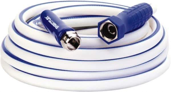Legacy - 25' Long Marine/RV Hose - 1/2" Diam, 3/4" GHT, Hi-Tec Polymer, 150 psi, All Season, White with Blue Stripe - Industrial Tool & Supply