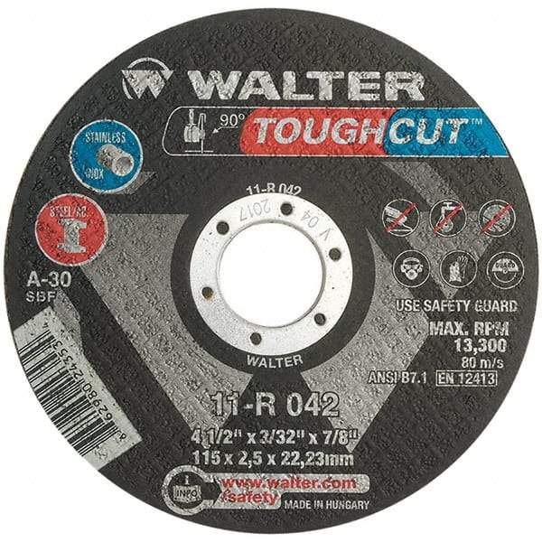 WALTER Surface Technologies - 4-1/2" 30 Grit Aluminum Oxide Cutoff Wheel - 3/32" Thick, 7/8" Arbor, 13,300 Max RPM, Use with Angle Grinders - Industrial Tool & Supply