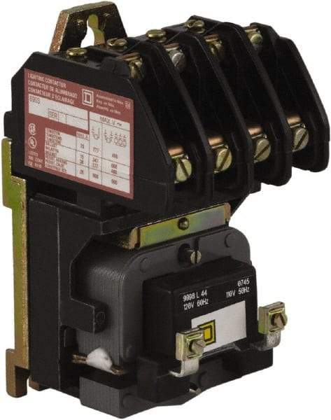 Square D - No Enclosure, 4 Pole, Electrically Held Lighting Contactor - 20 A (Tungsten), 30 A (Fluorescent), 110 VAC at 50 Hz, 120 VAC at 60 Hz, 4NO Contact Configuration - Industrial Tool & Supply