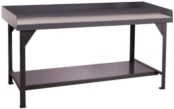 Durham - 60 Wide x 30" Deep x 35" High, Cold-Rolled Steel Workbench with Lower Shelf - Flat Top, Rounded Edge, Fixed Legs With Pre-Drill Holes for Anchoring - Industrial Tool & Supply
