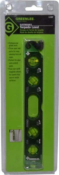 Greenlee - Magnetic 8-1/2" Long 4 Vial Torpedo Level - Aluminum, Green, 1 0°, 1 30°, 1 45° & 1 90° Vials - Industrial Tool & Supply
