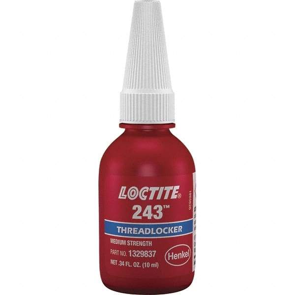 Loctite - 10 mL Bottle, Blue, Medium Strength Liquid Threadlocker - Series 243, 24 hr Full Cure Time, Hand Tool, Heat Removal - Industrial Tool & Supply