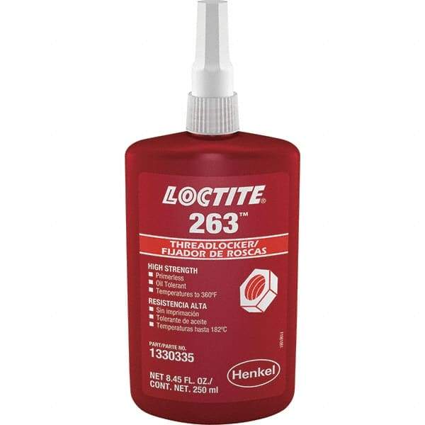 Loctite - 250 mL Bottle, Red, High Strength Liquid Threadlocker - Series 263, 24 hr Full Cure Time, Hand Tool, Heat Removal - Industrial Tool & Supply