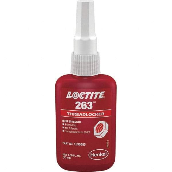 Loctite - 50 mL Bottle, Red, High Strength Liquid Threadlocker - Series 263, 24 hr Full Cure Time, Hand Tool, Heat Removal - Industrial Tool & Supply