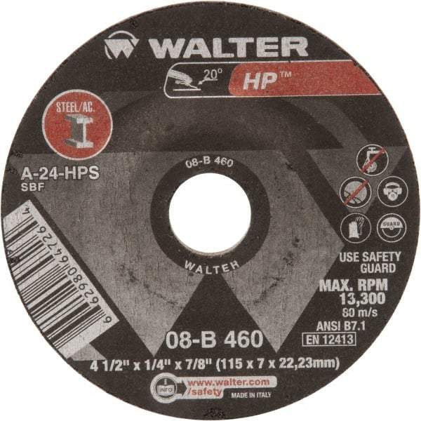 WALTER Surface Technologies - 24 Grit, 4-1/2" Wheel Diam, 1/4" Wheel Thickness, 7/8" Arbor Hole, Type 27 Depressed Center Wheel - Aluminum Oxide, 13,300 Max RPM - Industrial Tool & Supply