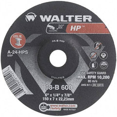 WALTER Surface Technologies - 24 Grit, 6" Wheel Diam, 1/4" Wheel Thickness, 7/8" Arbor Hole, Type 27 Depressed Center Wheel - Aluminum Oxide, Resinoid Bond, 10,200 Max RPM - Industrial Tool & Supply