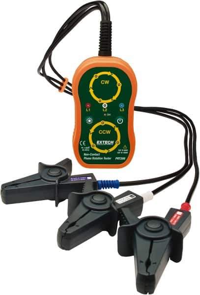 Extech - 3 Phase, 75 to 1,000 VAC, 45 to 65 Hz, 14 to 122°F, LED Display Phase Rotation Tester - AA, Includes (4) AA Batteries, Pouch Case, Test Leads with Large Color-Coded Alligator Clips, CAT III 600 V, CE, EN 61010-1 - Industrial Tool & Supply