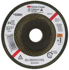 3M - 24 Grit, 4-1/2" Wheel Diam, 1/4" Wheel Thickness, 7/8" Arbor Hole, Type 27 Depressed Center Wheel - Ceramic, 13,300 Max RPM, Compatible with Angle Grinder - Industrial Tool & Supply