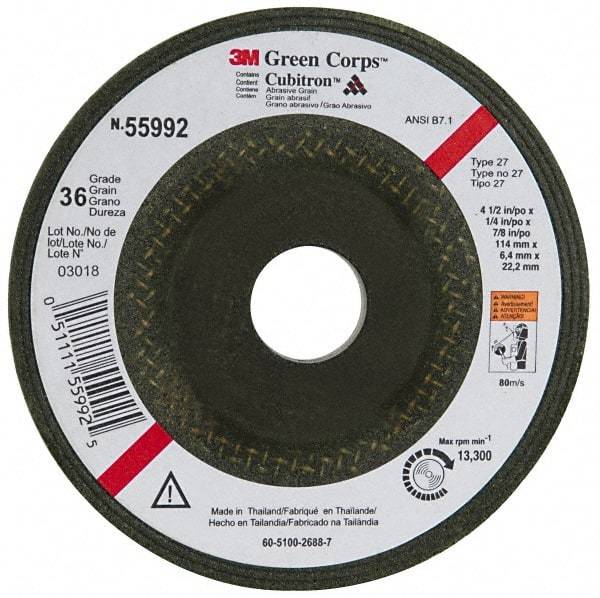 3M - 36 Grit, 4-1/2" Wheel Diam, 1/4" Wheel Thickness, 7/8" Arbor Hole, Type 27 Depressed Center Wheel - Ceramic, 13,300 Max RPM, Compatible with Angle Grinder - Industrial Tool & Supply