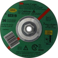 3M - 36 Grit, 7" Wheel Diam, 1/8" Wheel Thickness, Type 27 Depressed Center Wheel - Ceramic, 8,500 Max RPM, Compatible with Angle Grinder - Industrial Tool & Supply