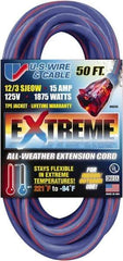 Value Collection - 50', 12/3 Gauge/Conductors, Blue/Pink Indoor & Outdoor Extension Cord - 1 Receptacle, 15 Amps, 125 Volts, UL SJEOW, NEMA 5-15P - Industrial Tool & Supply