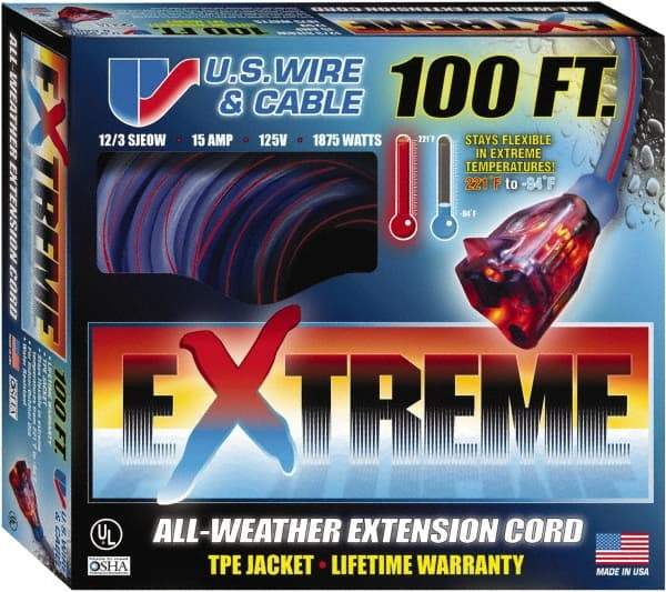 Value Collection - 100', 12/3 Gauge/Conductors, Blue/Pink Indoor & Outdoor Extension Cord - 1 Receptacle, 15 Amps, 125 Volts, UL SJEOW, NEMA 5-15P - Industrial Tool & Supply