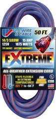 Value Collection - 50', 14/3 Gauge/Conductors, Blue/Pink Indoor & Outdoor Extension Cord - 1 Receptacle, 15 Amps, 125 Volts, UL SJEOW, NEMA 5-15P - Industrial Tool & Supply