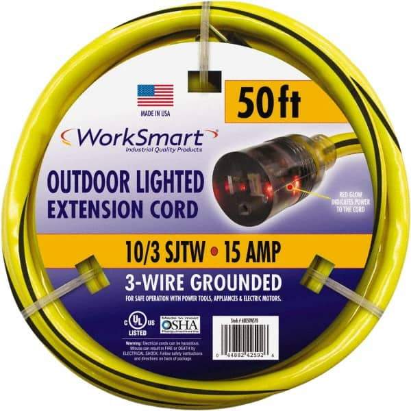 Value Collection - 50', 10/3 Gauge/Conductors, Yellow/Black Outdoor Extension Cord - 1 Receptacle, 15 Amps, UL SJTW, NEMA 5-15P - Industrial Tool & Supply