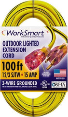 Value Collection - 100', 12/3 Gauge/Conductors, Yellow/Black Outdoor Extension Cord - 1 Receptacle, 15 Amps, UL SJTW, NEMA 5-15P - Industrial Tool & Supply