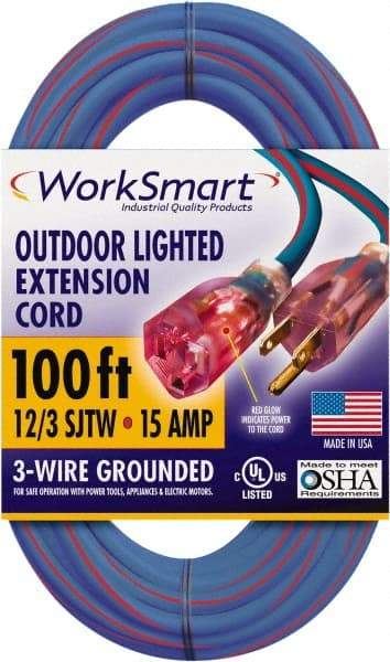Value Collection - 100', 12/3 Gauge/Conductors, Blue/Red Outdoor Extension Cord - 1 Receptacle, 15 Amps, UL SJTW, NEMA 5-15P - Industrial Tool & Supply