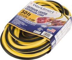 Value Collection - 50', 12/3 Gauge/Conductors, Yellow/Black Outdoor Extension Cord - 1 Receptacle, 15 Amps, UL SJTW, NEMA 5-15P - Industrial Tool & Supply