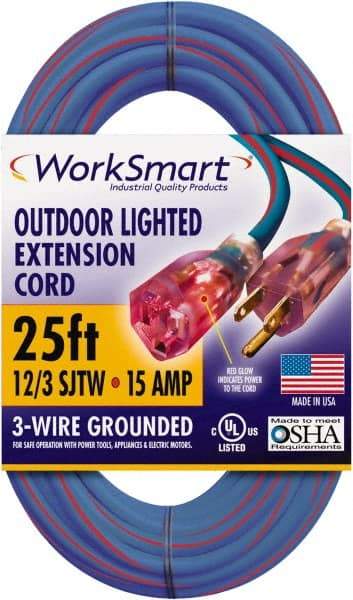 Value Collection - 25', 12/3 Gauge/Conductors, Blue/Red Outdoor Extension Cord - 1 Receptacle, 15 Amps, UL SJTW, NEMA 5-15P - Industrial Tool & Supply