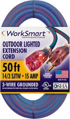 Value Collection - 50', 14/3 Gauge/Conductors, Blue/Red Outdoor Extension Cord - 1 Receptacle, 15 Amps, UL SJTW, NEMA 5-15P - Industrial Tool & Supply